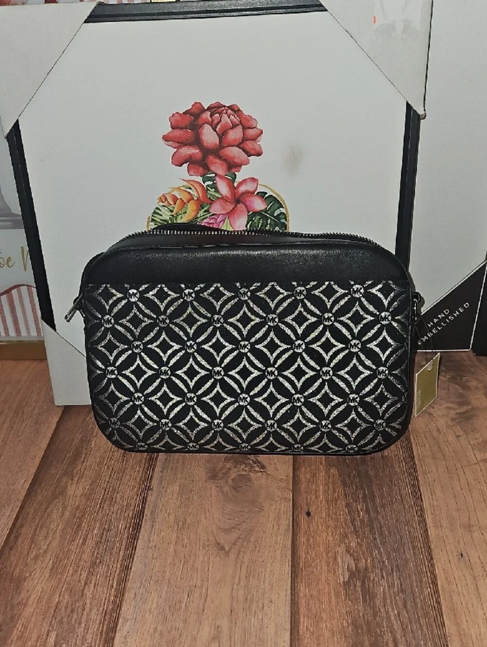 Michael Kors Black and White Geometric Signature Crossbody